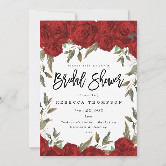 Invitation roses rouges & verdure boho douche nuptiale modern (Devant)
