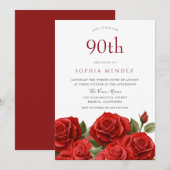 Invitation Roses rouges vibrantes 90e fête d'anniversaire (Devant / Derrière)