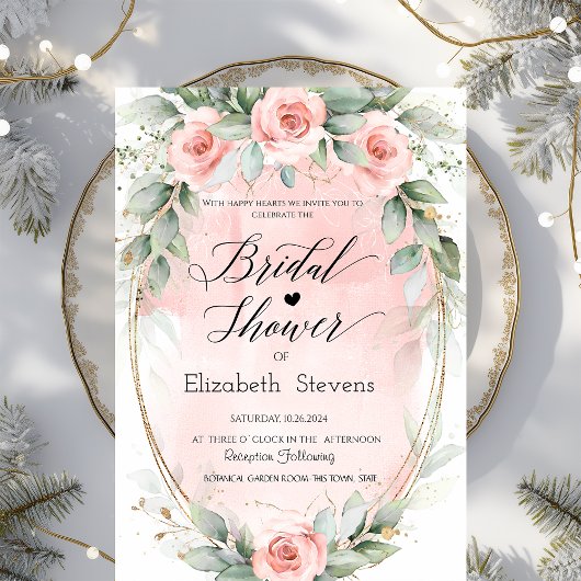 Invitation Roses Rougissantes Cadre Doré Script Baptême de Ma