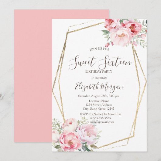 Invitation Roses Rougissantes Cadre Doré Sweet 16 (Devant / Derrière)