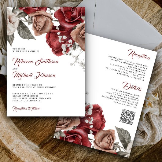 Invitation Roses rustiques de Bourgogne Tout en Un Code QR Ma