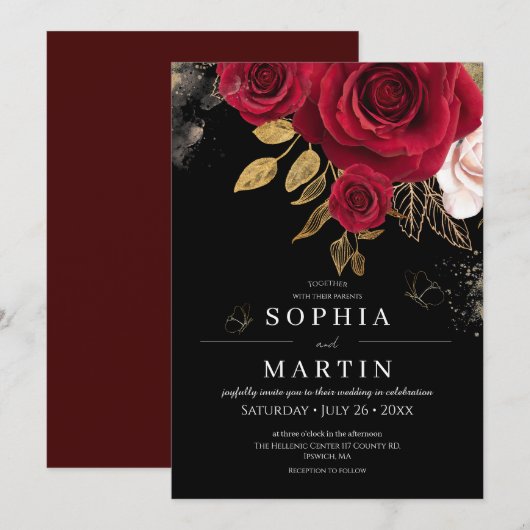 Invitation Roses Rustiques & Or Élégant Fleurs de Mariage (Devant / Derrière)