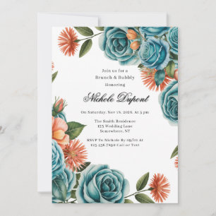 Invitation Roses sarcelles et brunch floral orange & Bubbly