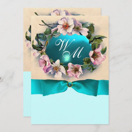 Invitation Roses SAUVAGES AVEC RIBBON BLEU TURQUOISE, MONOGRA (Devant / Derrière)