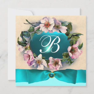 INVITATION ROSES SAUVAGES AVEC RUBAN BLEU AQUA , SARCELLE , M