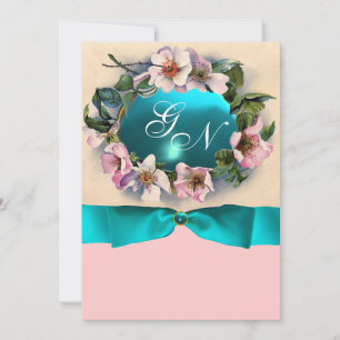 INVITATION ROSES SAUVAGES AVEC RUBAN BLEU TURQUOISE, MONOGRAM