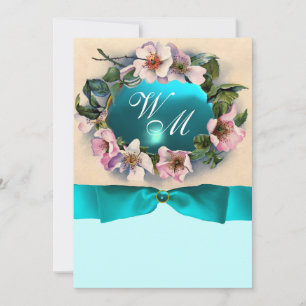 INVITATION ROSES SAUVAGES AVEC RUBAN BLEU TURQUOISE, MONOGRAM