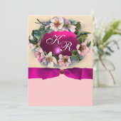 INVITATION ROSES SAUVAGES AVEC RUBAN ROSE, MONOGRAMME (Debout devant)