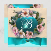 INVITATION ROSES SAUVAGES AVEC RUBAN SAPHIR , TURQUOISE , MON (Devant / Derrière)