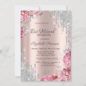 Invitation Roses Silver Glitter Drips Rose Gold Bar Mitzvah (Devant)