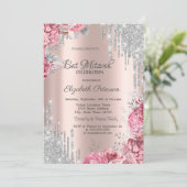 Invitation Roses Silver Glitter Drips Rose Gold Bar Mitzvah (Debout devant)