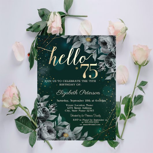Invitation Roses Sombres Vert 75e Anniversaire