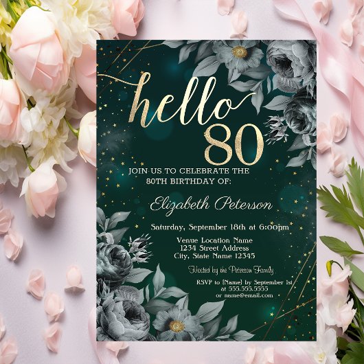 Invitation Roses Sombres Vert 80e Anniversaire