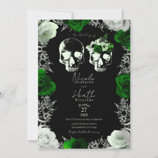 Invitation Roses squelette émeraude vert mariage gothique (Devant)