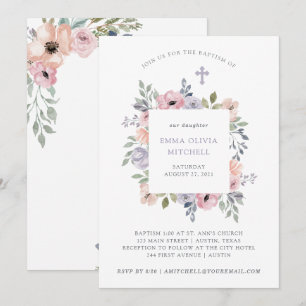 Invitation Roses subtils d'aquarelle avec le baptême de la