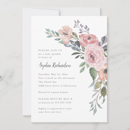 Invitation Roses subtils d'aquarelle | Bébé (Devant)
