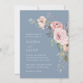 Invitation Roses subtils d'aquarelle | Dusty Blue Mariage (Devant)