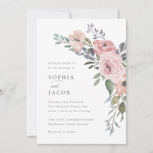 Invitation Roses subtils d'aquarelle | MARIAGE (Devant)