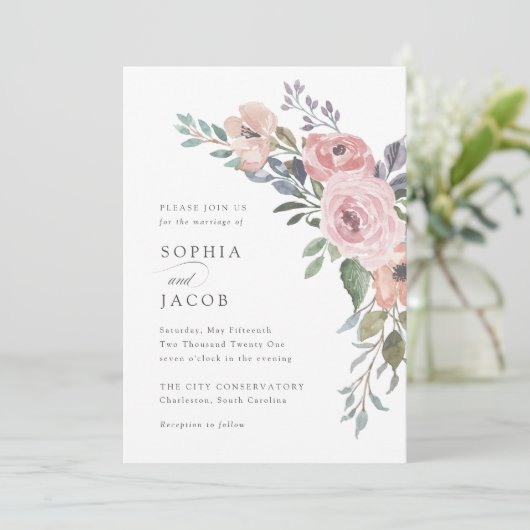 Invitation Roses subtils d'aquarelle | MARIAGE (Debout devant)