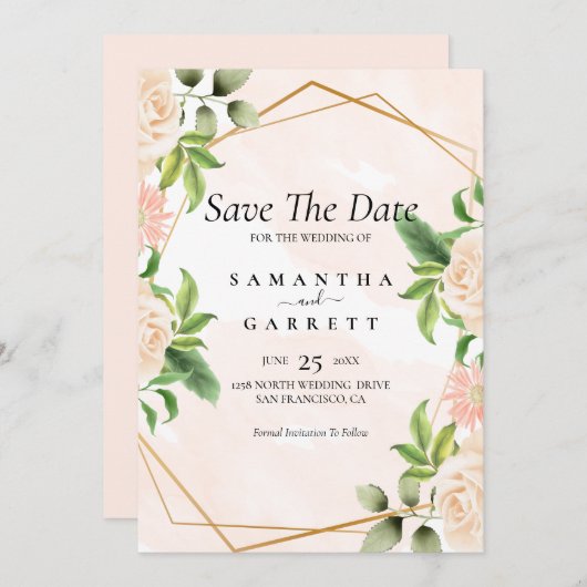 Invitation Roses sur cadre d'or (Devant / Derrière)