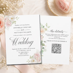 Invitation Roses Tendres Blush Tout en Un Code QR Mariage