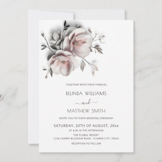 Invitation Roses Texturées Blush Blanc Mariage Simple (Devant)