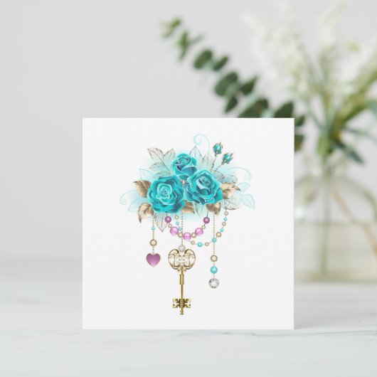 Invitation Roses turquoise avec touches (Debout devant)