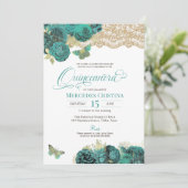 Invitation Roses turquoise et papillon de dentelle Quinceañer (Debout devant)