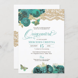 Invitation Roses turquoise et papillon de dentelle Quinceañer