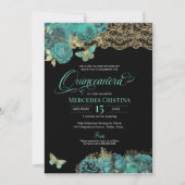 Invitation Roses turquoise et papillon de dentelle Quinceañer (Devant)