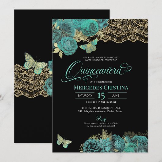 Invitation Roses turquoise et papillon de dentelle Quinceañer (Devant / Derrière)