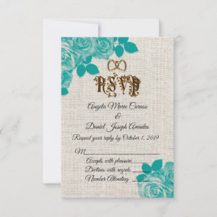 Invitation roses turquoises à mariage en lin RSVP