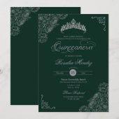 Invitation Roses vert et argent élégant Quinceañera (Devant / Derrière)