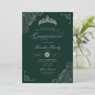 Invitation Roses vert et argent élégant Quinceañera