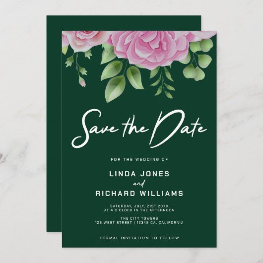 Invitation Roses Vert foncé Sauvegardez L'Invitation Date (Devant / Derrière)