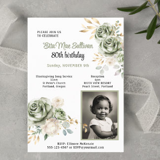 Invitation Roses vert sauge feuilles dorées 80 ans Photo