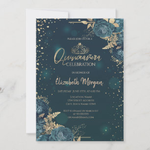 Invitation Roses Vertes,Couronne d'Or,Diamants Quinceañera