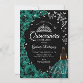 Invitation Roses verts émeraude Papillons Quinceanera (Devant)