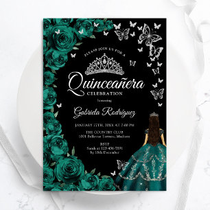 Invitation Roses verts émeraude Papillons Quinceanera