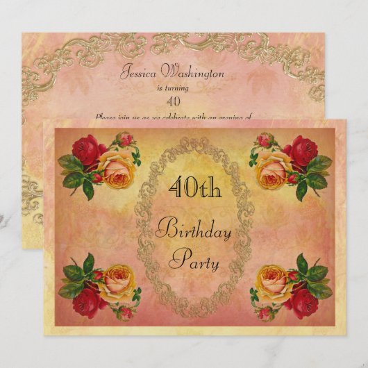 Invitation Roses Vintage Chic 40e Anniversaire (Devant / Derrière)