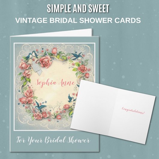 Invitation Roses vintages, dentelle et oiseaux bleus toute