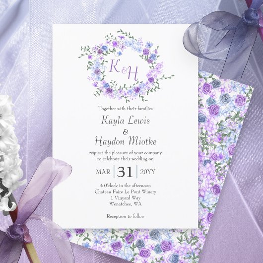 Invitation Roses violet et bleu clair Mariage couronne