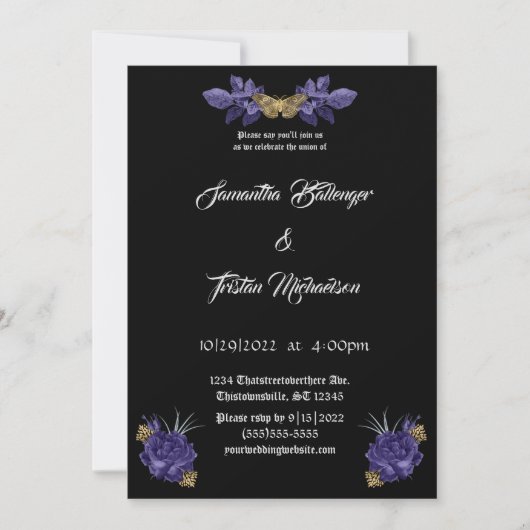Invitation Roses violets avec Mariage gothique de la teigne d (Devant)