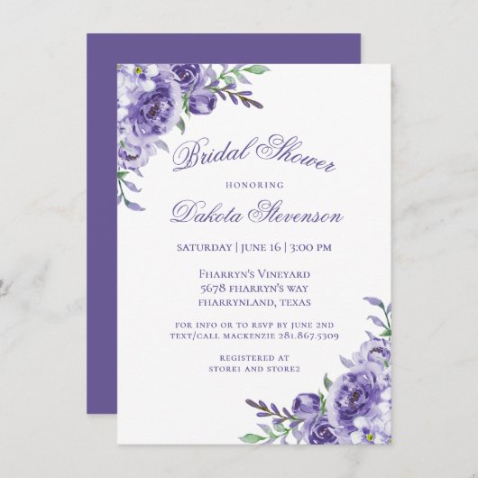 Invitation Roses violets | Elégante Aquarelle Florale Douche (Devant / Derrière)