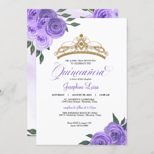 Invitation Roses violets Golden Tiara Quinceañera Anniversair