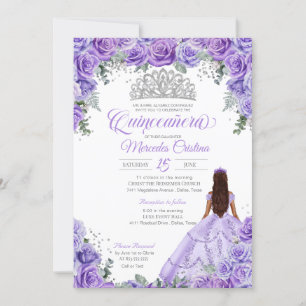 Invitation Roses violets légers et argent Tiara Quinceanera