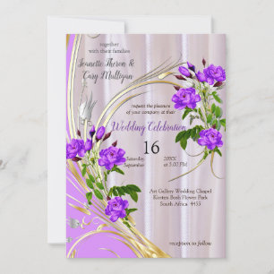 Invitation Roses violets sur soie rose magenta