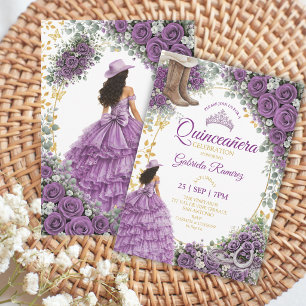 Invitation Roses Violettes Occidentales Pays Doré Quinceañera
