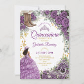 Invitation Roses Violettes Occidentales Pays Doré Quinceañera (Devant)
