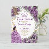 Invitation Roses Violettes Occidentales Pays Doré Quinceañera (Debout devant)